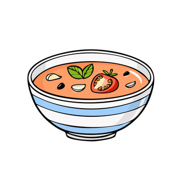 Illustration of a bowl of gazpacho soup with tomato and basil garnish