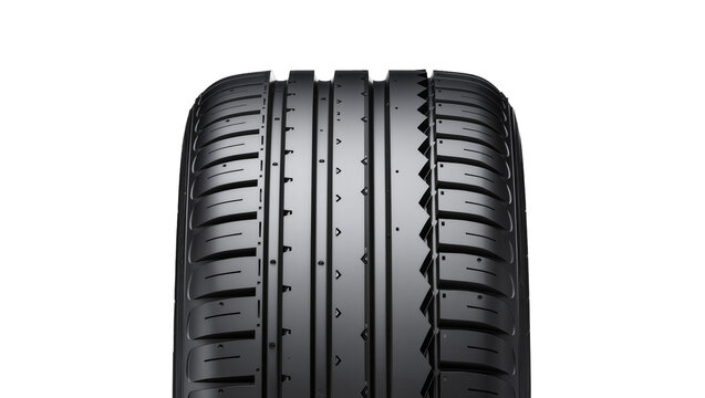 Modern black car tire tread pattern with deep grooves and angular directional design, isolated on transparent background for automotive marketing