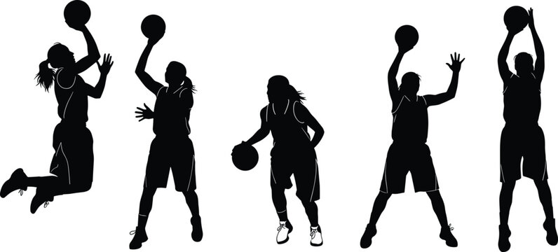 Basketball silhouettes, action poses, dribbling, shooting, jumping, sports icons, black vector, athletic motion, male, dynamic, ball, stance, play, game, athlete, court, movement, illustration, comp