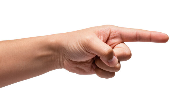 Human hand pointing directly forward with index finger extended conveying direction or emphasis, isolated on transparent background for design