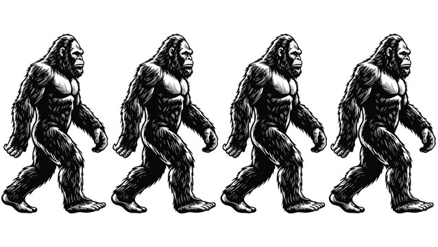 Black and white illustration of bigfoot sasquatch walking, mythical creature yeti set collection, forest legend monster isolated on white background.