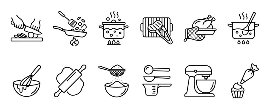 Cooking and baking line icon collection illustrating food preparation steps from chopping vegetables and grilling meat to mixing dough and decorating a cupcake with icing