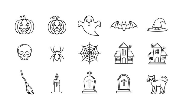 Halloween outline icon set with pumpkin ghost bat skull witch hat vector collection