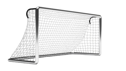 Modern silver metal soccer goal post with durable white netting, isolated on transparent background for sports branding and promotional use
