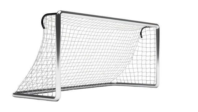 Modern silver metal soccer goal post with durable white netting, isolated on transparent background for sports branding and promotional use