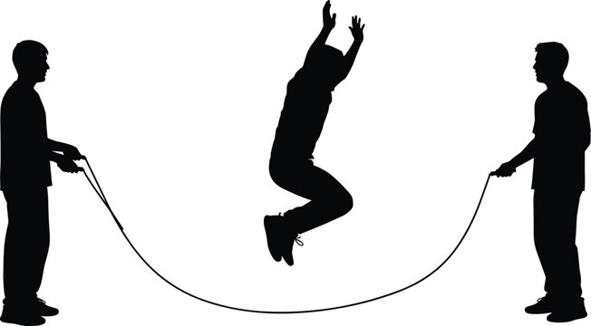 Silhouettes of three figures skipping rope together, teamwork, rhythm, coordination, outdoor physical activity, childhood fun, fitness illustration