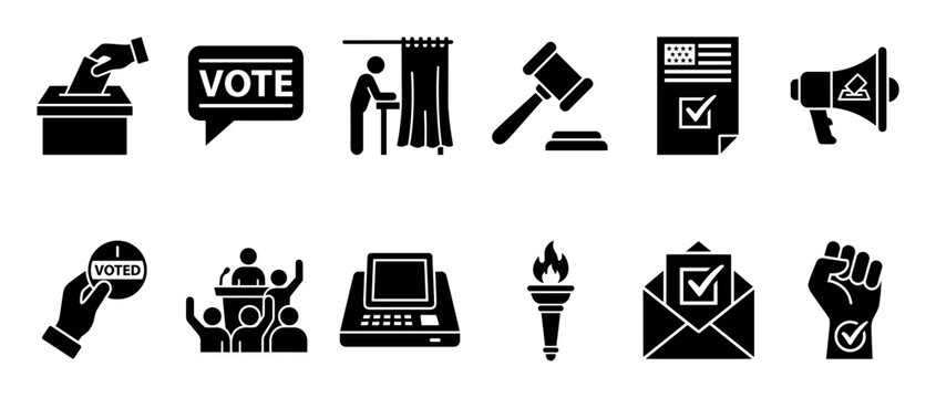 Set of black solid glyph icons representing voting, elections, and political processes, featuring a ballot box, voting booth, gavel, and campaign symbols in a minimalist vector style