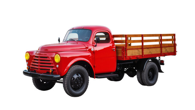 Vintage bright red pickup truck with wooden cargo bed, showcasing classic design details isolated on transparent background for automotive designs