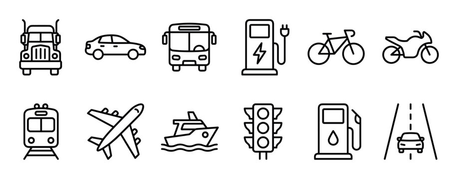 Set of thin line transportation icons showing various vehicles for travel and logistics like a truck, car, bus, plane, and ship in a minimalist black outline vector style