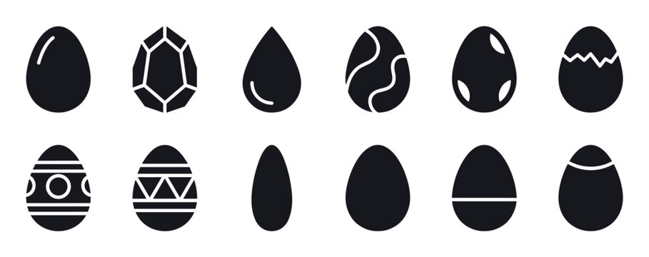 Collection of black egg icons in various styles including decorated, cracked, and plain designs, presented as a minimalist graphic symbol set for Easter holiday or food concepts
