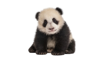 Obraz premium Adorable baby panda cub sitting playfully with fluffy black and white fur looking directly at camera, isolated on transparent background for cute animal designs