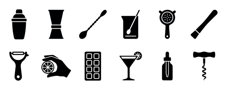 Set of black bartender tool icons for cocktail making including a shaker, jigger, spoon, and strainer in a minimalist graphic style collection for mixology and bar concepts