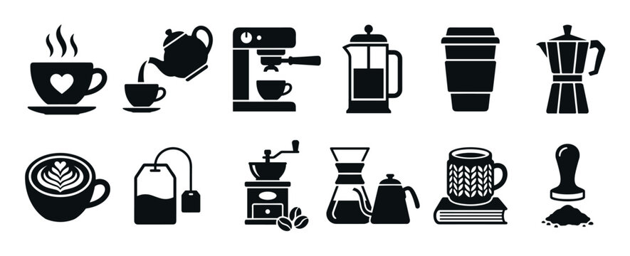 Set of black coffee and tea icons showing brewing methods and equipment like an espresso machine, moka pot, french press, and pour-over maker in a minimalist silhouette style