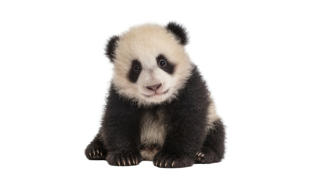 Adorable baby panda cub sitting playfully with fluffy black and white fur looking directly at camera, isolated on transparent background for cute animal designs