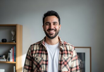 Fototapeta premium Man in plaid shirt smiling in an office setting with a headshot of a man with a beard and short