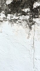 Fototapeta premium Close-up view of weathered, textured wall. Shows fading white paint, dark upper section, and a vertical crack. Surface is rough, with various tonal variations
