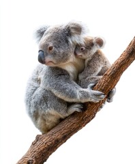 Fototapeta premium Koala bear and baby on branch against white background