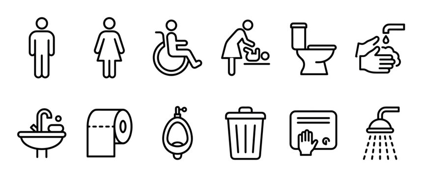 Comprehensive set of public restroom and hygiene icons, featuring essential symbols for gender, accessibility, baby care, sanitation, and personal cleanliness, all depicted in a clean