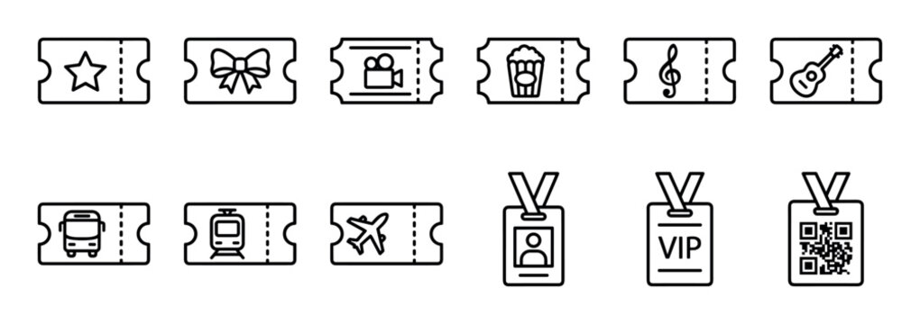Set of black line art icons representing various tickets, passes, and admission stubs for entertainment, events, and transportation, including VIP badges and QR code access