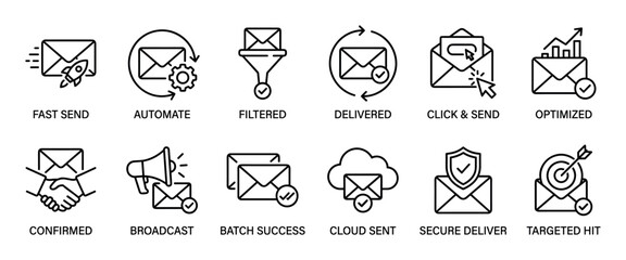 Fototapeta premium Email marketing and communication vector icon set featuring minimalist outline symbols for concepts like automation, filtering, broadcasting, security, and targeted delivery