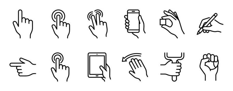 Collection of twelve hand gesture icons in a minimal line art style, depicting actions such as pointing, tapping, swiping, writing, and holding digital devices