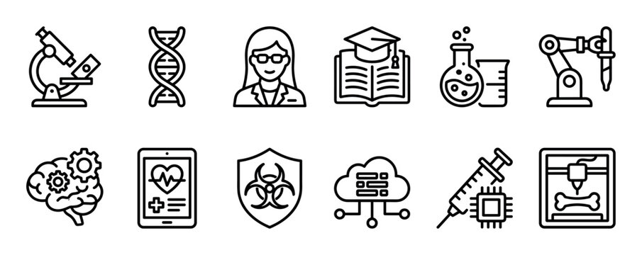 Set of black line icons representing science, medicine, and technology, featuring a microscope, DNA helix, scientist, robotic arm, 3D printer, and symbols for AI and digital health