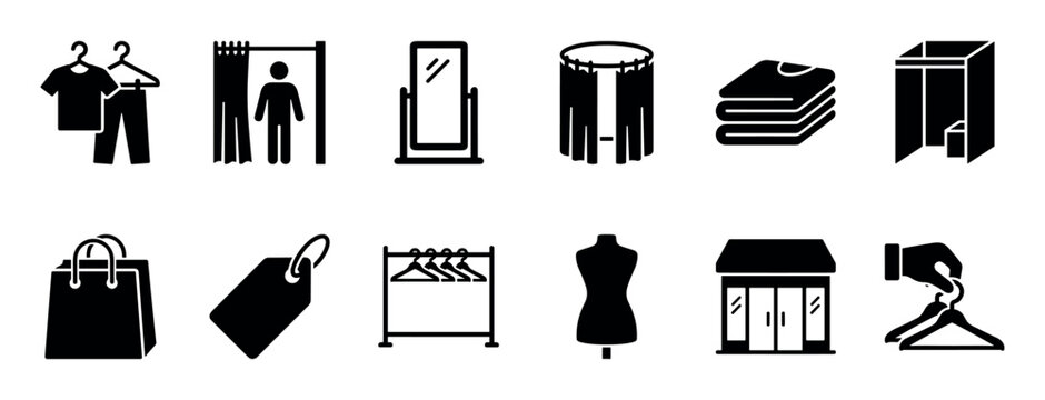 Collection of black glyph icons representing clothing store elements like fitting rooms, hangers, mannequins, and shopping bags in a minimalist flat design style for retail concepts