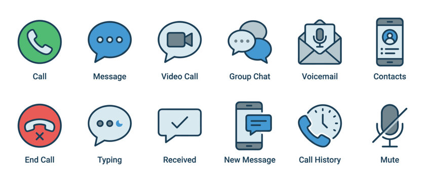 Set of twelve communication icons for a user interface, including call, message, video, chat, and voicemail symbols in a modern, colorful line art vector illustration
