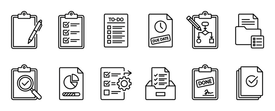 Task management and productivity icon set with various symbols for planning, checklists, deadlines, and workflow, rendered in a clean, black and white linear graphic style for business concepts