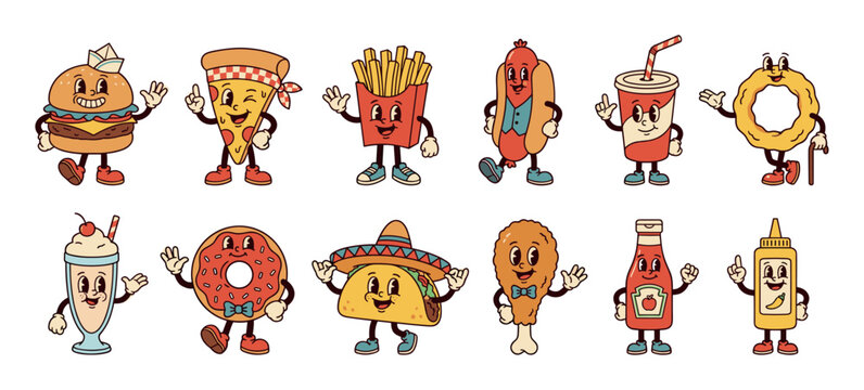 Twelve vintage cartoon fast food mascots with smiling faces and limbs, featuring a hamburger, pizza, donut, and taco in a cheerful, nostalgic 1930s rubber hose animation style
