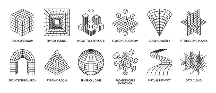 Set of abstract geometric wireframe icons representing futuristic concepts like virtual reality, data clouds, and architectural forms in a minimalist black line art style