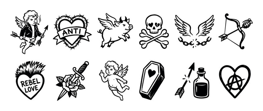 Collection of black and white punk rock tattoo flash illustrations with rebellious love symbols like a smoking cupid, anarchy heart, skull, and dagger in a hand-drawn style