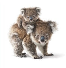 Fototapeta premium Koala bear mother carrying baby on white background stock photo