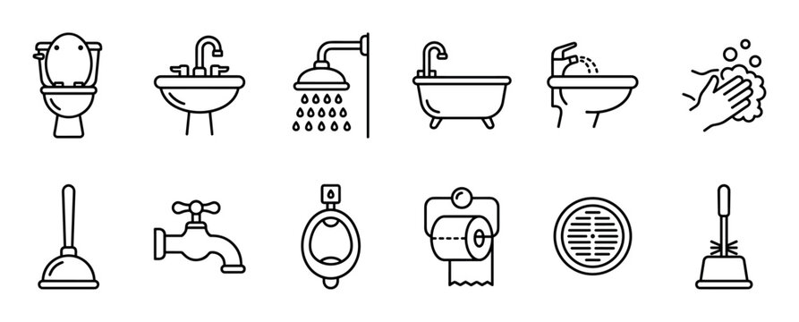 Set of black bathroom line icons representing plumbing fixtures and hygiene items such as a toilet, sink, shower, bathtub, urinal, bidet, and cleaning tools in a simple outline style