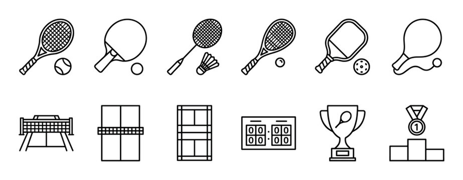 Racket sport icons collection featuring equipment for tennis, badminton, and pickleball with competition elements like a trophy, medal, and scoreboard in a clean, minimalist outline style