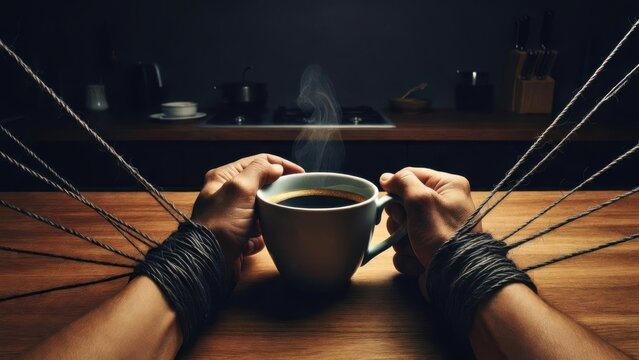 A dramatic image of hands tied with ropes, holding a steaming cup of coffee. The visual symbolizes being trapped or constrained by daily routines or the pressure of life, with coffee as a moment of es