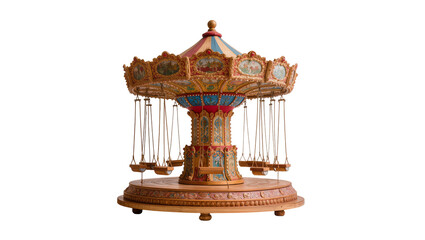 Ornate antique carousel with painted wooden horses intricate carvings and hanging seats, isolated on transparent background for whimsical designs © Johanna