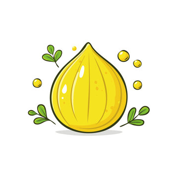 Cute Cartoon Yellow Fig Fruit with Green Leaves and Yellow Dots Illustration