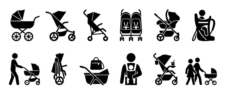 Baby stroller and pram icon collection in a black silhouette style, featuring various types of buggies, a car seat, a baby carrier, and pictograms of parents with their infants