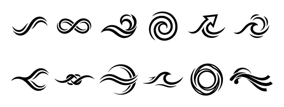 Set of twelve black tribal symbols featuring abstract wave, spiral, and infinity shapes for graphic design and tattoo art, rendered in a bold, minimalist calligraphic style