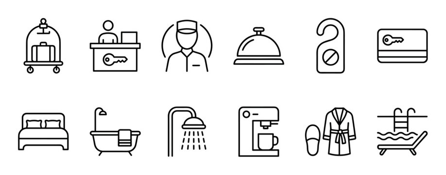Set of hotel service line icons showing hospitality and travel symbols like a bellhop, reception, key card, bed, shower, and bathrobe in a minimalist black and white style