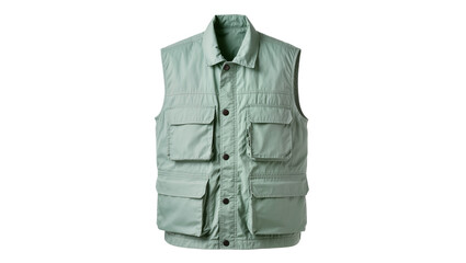 Light green safari vest with multiple pockets button closures and a notched collar, isolated on transparent background for apparel mockups © Johanna