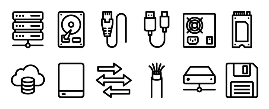 Set of black line art icons representing computer hardware, data storage, and network connectivity, including a server, hard drive, cables, cloud database, and floppy disk