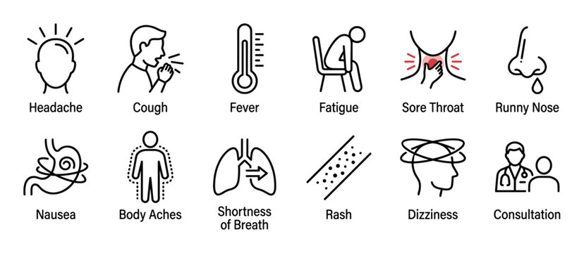 Set of twelve disease symptom icons in a minimal line art style representing common signs of illness like fever, cough, headache, fatigue, sore throat, and dizziness