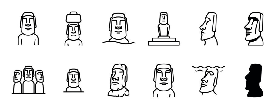 Set of Moai statue icons rendered in a minimalist black line art style, a collection of monolithic human figures from various perspectives representing ancient Polynesian culture