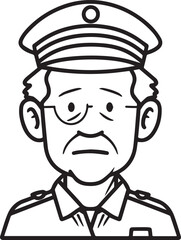Obraz premium Hand Drawn Elderly Police Officer Man Black and White Illustration in Minimal Line Art Style Design