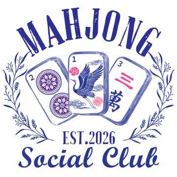 Mahjong Social Club Badge with Crane and Tiles Design in Blue Porcelain Aesthetic