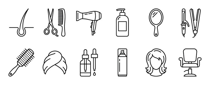 Hairdressing and beauty salon line icon set featuring various tools and equipment for hairstyling, care, and treatment in a minimalist black and white vector style