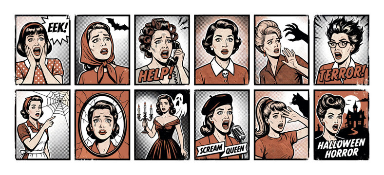 Collection of retro horror comic panels showing terrified women screaming in fear during Halloween-themed scary situations with ghosts, bats, and a haunted house in a vintage pop art style