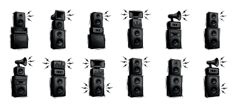 Collection of hand-drawn speaker stacks in a grunge style, featuring various audio equipment like amplifiers, woofers, and horns, illustrating loud music and powerful sound systems
